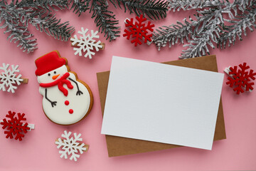 christmas greeting card. snowman and Christmas tree