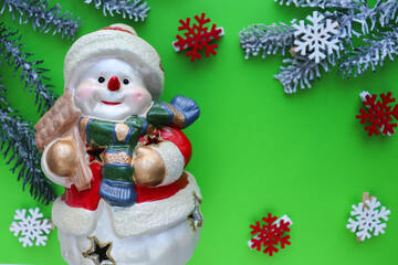 christmas greeting card. snowman and Christmas tree