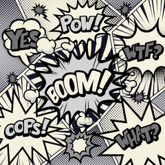 Black and white pop art comics book magazine, speech bubble, balloon, box message	