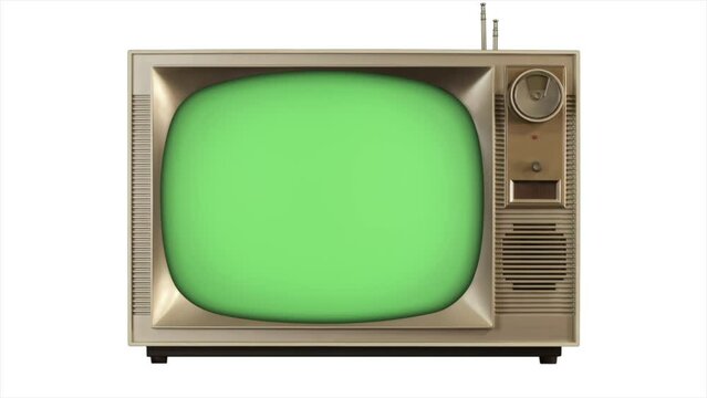 Green screen 3d TV 1960 retro tv build in style slide forward - build out style slide backward , with a close view of the tv object