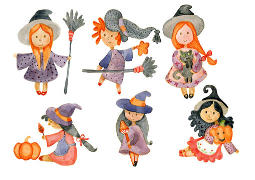 Cute witch with pumpkins for Halloween holiday card. Halloween pumpkins, cartoon witch watercolor drawing