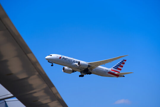 American Airlines airplane Boeing 787-8 register N800AN taking off from Zürich Airport on a sunny summer day. Photo taken July 15th, 2022, Zurich, Switzerland.