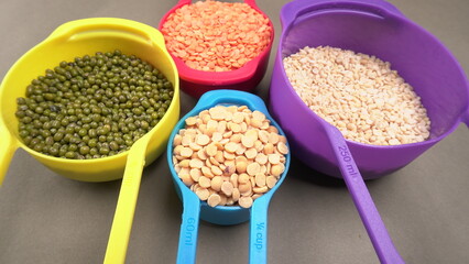 Assorted different types of beans and cereals grains. Set of indispensable sources of protein for a healthy lifestyle. Everyday use at Indian households.