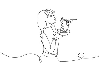 Woman Eats Spaghetti Line Drawing. Abstract Female Portrait Minimal Style. Spaghetti Lovers Concept for Modern Design. Continuous Line Art Food Minimalist Illustration. Food Logo. Vector EPS 10