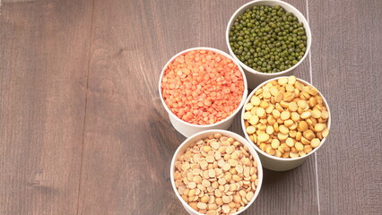 Assorted different types of beans and cereals grains. Set of indispensable sources of protein for a healthy lifestyle. Everyday use at Indian households.
