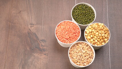 Assorted different types of beans and cereals grains. Set of indispensable sources of protein for a healthy lifestyle. Everyday use at Indian households.
