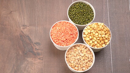 Assorted different types of beans and cereals grains. Set of indispensable sources of protein for a healthy lifestyle. Everyday use at Indian households.