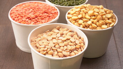 Assorted different types of beans and cereals grains. Set of indispensable sources of protein for a healthy lifestyle. Everyday use at Indian households.