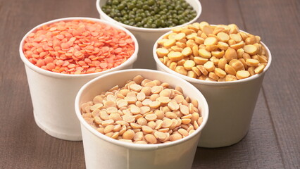 Assorted different types of beans and cereals grains. Set of indispensable sources of protein for a healthy lifestyle. Everyday use at Indian households.