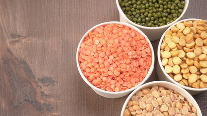 Assorted different types of beans and cereals grains. Set of indispensable sources of protein for a healthy lifestyle. Everyday use at Indian households.