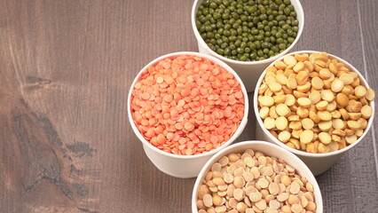 Assorted different types of beans and cereals grains. Set of indispensable sources of protein for a healthy lifestyle. Everyday use at Indian households.