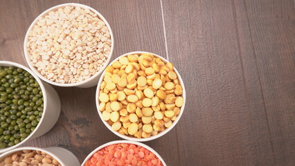 Assorted different types of beans and cereals grains. Set of indispensable sources of protein for a healthy lifestyle. Everyday use at Indian households.