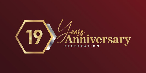 19th Year Anniversary Celebration Golden and Silver Color with Hexagon Shape for Celebration Event, Wedding, Greeting card, and Invitation Isolated on Black Background