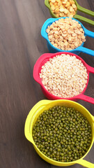 Assorted different types of beans and cereals grains. Set of indispensable sources of protein for a healthy lifestyle. Everyday use at Indian households.