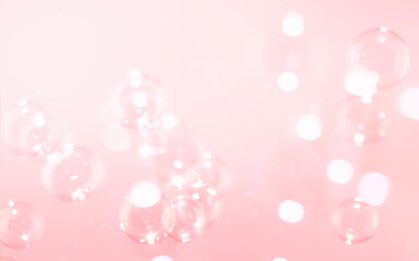Abstract Beautiful Blurred, Defocus  Soap Bubbles Floating on A Pink. Soap Sud Bubbles Water.	