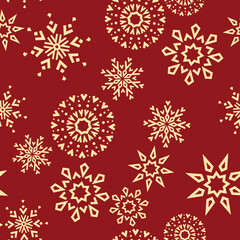 Naklejka na ściany i meble Abstract geometric pattern with lines, snowflakes. A seamless vector background. Gold and red texture. Graphic modern pattern