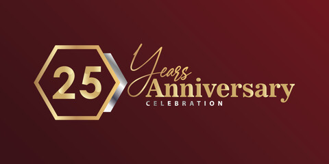 25th Year Anniversary Celebration Golden and Silver Color with Hexagon Shape for Celebration Event, Wedding, Greeting card, and Invitation Isolated on Black Background