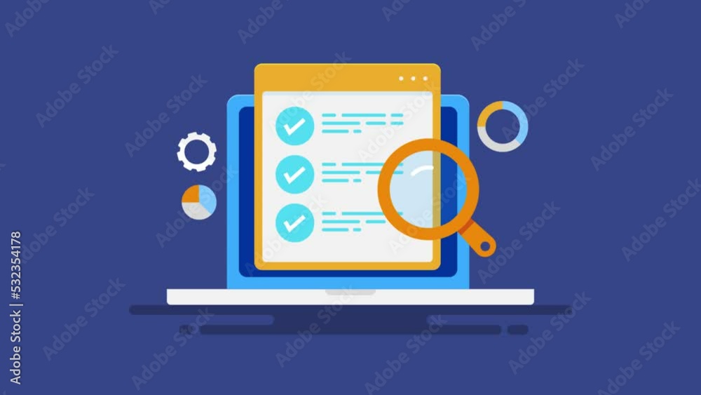 Wall mural computer with online business checklist and magnifier analytics data chart, zooming background.