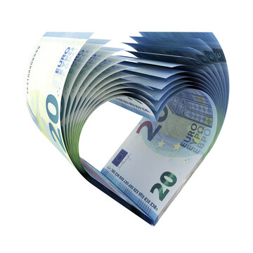 Herz-Symbol geformt aus 20-Euro-Banknoten