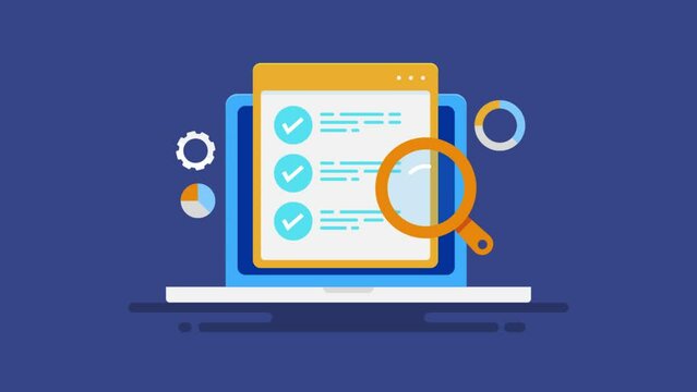Computer with online business checklist and magnifier analytics data chart, zooming background. 