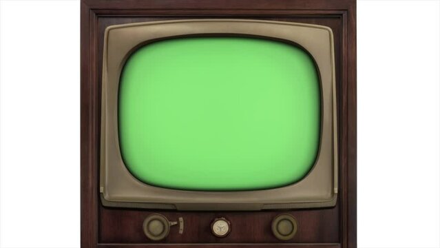 Green screen 3d TV 1965 retro tv build in style fade in - build out style fade out, with a closer view of the tv