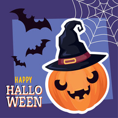 happy halloween lettering with pumpkin