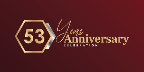 Naklejka premium 53rd Year Anniversary Celebration Golden and Silver Color with Hexagon Shape for Celebration Event, Wedding, Greeting card, and Invitation Isolated on Black Background