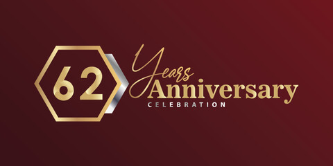 Naklejka premium 62nd Year Anniversary Celebration Golden and Silver Color with Hexagon Shape for Celebration Event, Wedding, Greeting card, and Invitation Isolated on Black Background