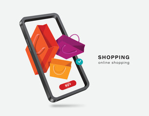 purple,orange,yellow shopping bag and buy icon floating on smartphone screen,vector 3d isolated on white background for delivery and online shopping concept design,vector for advertising design
