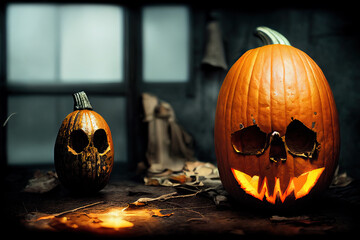 Pumpkins in the shape of skulls, scary, Halloween night mystery. Digital Painting Background, Illustration.