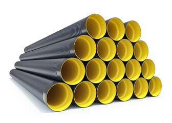HDPE Corrugated pipe for drainage on white background - 3D illustration - 532355358