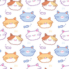 Seamless Pattern with Cute Cartoon Cat Face Design on White Background