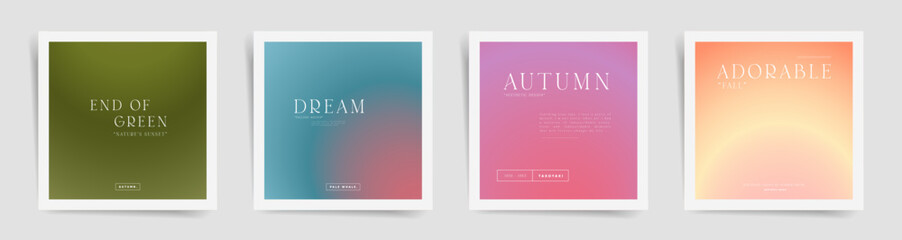 Obraz premium Gradient neon square post design set for background, album covers, banners, promo posts and notebooks. Blurry decorative banners. Duotone autumn layouts, cute typography creatives. 