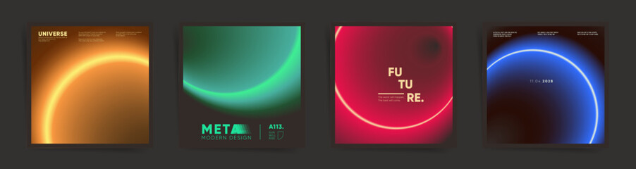 Neon gradient square backgrounds for poster, brochure, album cover, social media promo post. Modern vector graphic collection for autumn technology business design. 