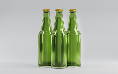 Three Blank Green Glass Beer Bottle Mock-Up Template 3D Render