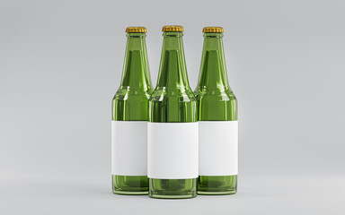 Three Green Glass Beer Bottle Mock-Up Template Blank Label 3D Render © natanaelginting