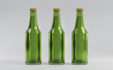 Three Blank Green Glass Beer Bottle Mock-Up Template 3D Render