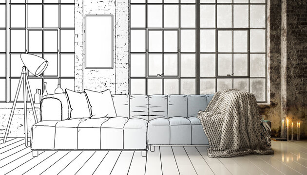 Gemütliche Couchgarnitur mit Textilbezug präsentiert in einem Loft-Ambiente (Planung) - 3D Visualisierung