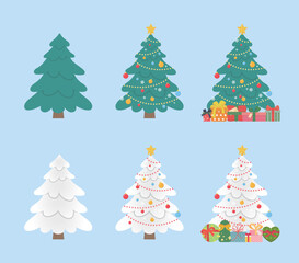 Set of green and white Christmas trees, colorful decorations with gift boxes with ribbons, coniferous fir, covered with snow, vector cartoon style