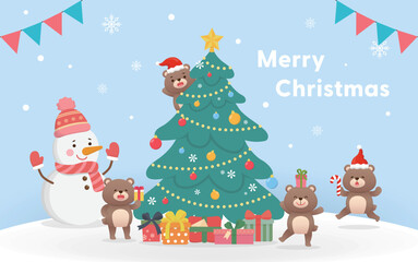 Christmas greeting card, cute teddy bear with snowman character mascot happy celebrating, christmas tree with gift box, merry christmas and new year, vector cartoon style