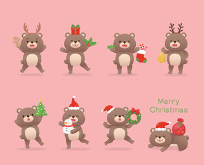 Set of cute baby bear character mascot with Christmas elements and dress up, happy celebration, vector cartoon style