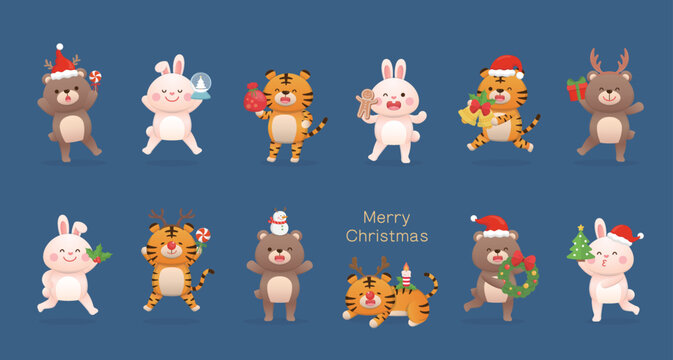 Set of cute bear and rabbit and tiger character mascots with christmas elements and dress up, happy celebration, vector cartoon style