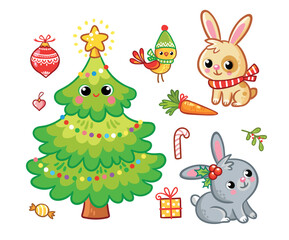 New Years set with a Christmas tree and animals. Vector illustration with Christmas