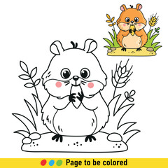 Coloring book with hamster in cartoon style. Black and white illustration with pet animals.