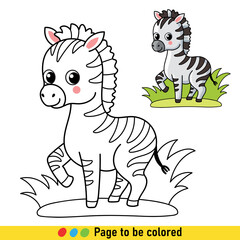 Coloring book with zebra in cartoon style. Black and white illustration with animals