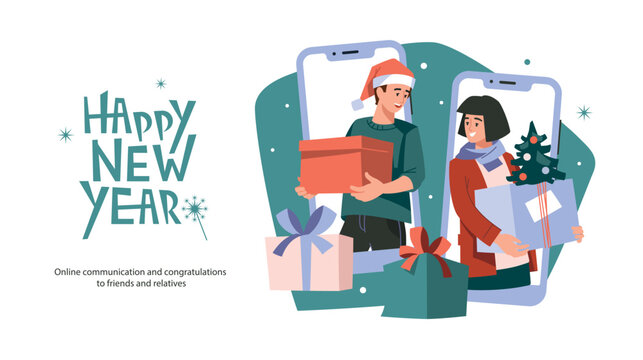 Online New Year. New Year gifts. Man and woman with gifts in mobile phones. Vector image.