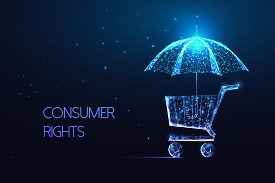 Consumer rights concept with shopping card and protective umbrella in futuristic style on dark blue