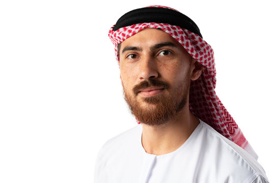 Portrait of smiling young Arab man on white background