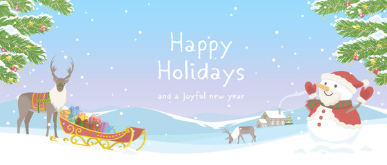 Fototapeta na wymiar Vector illustration of Happy Holidays background. Winter landscape with christmas tree, santa claus reindeer and snowman.