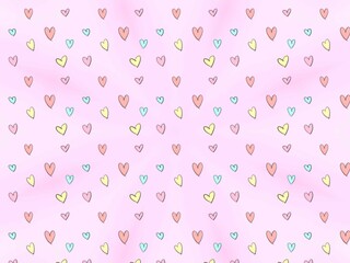 small pastel colored hearts scattered on a soft pink background
